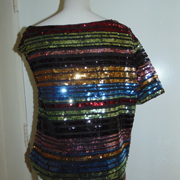 Rainbow Sequined Top Asymmetrical Neckline Off Shoulder Retro Hippy Women's Top - Picture 4 of 7